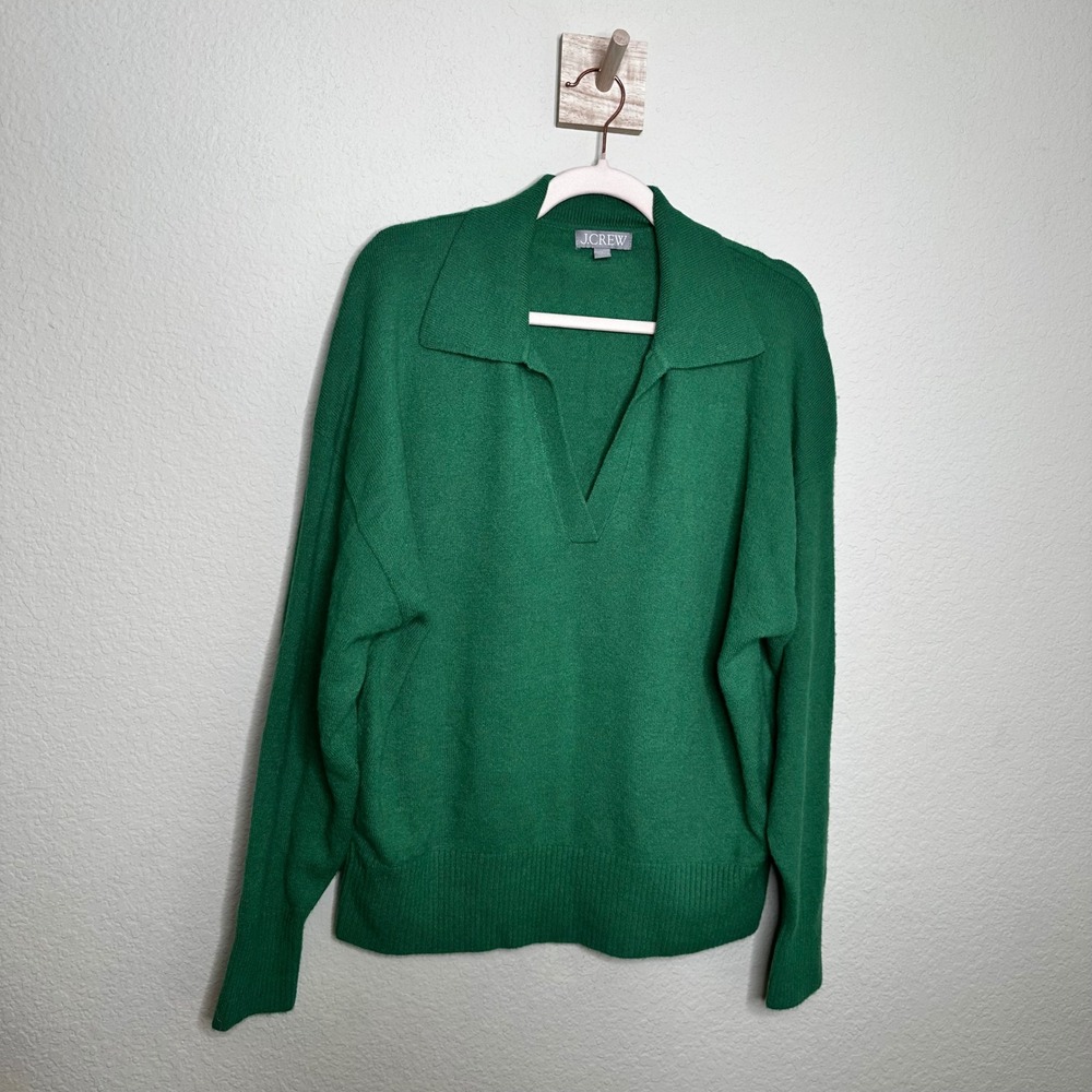 JCrew Green Merino Wool Alpaca Blend Polo V-Neck Sweater Size L Large Emerald